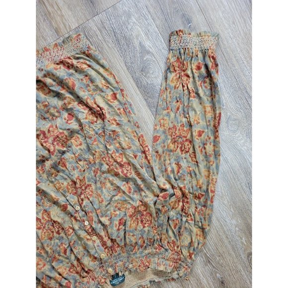 LRL Lauren Jeans Co. Woman L Tan Floral Top Off the Shoulder Elastic Peasant LS - Picture 2 of 10